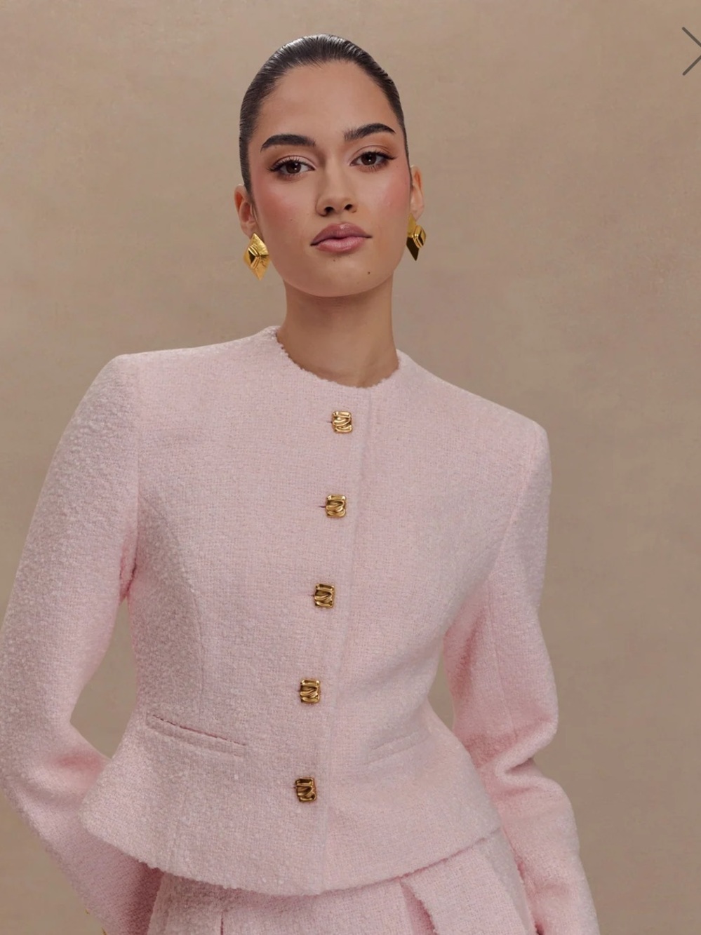 Meshki Pale Pink Bouclé Button Jacket with Gold Hardware